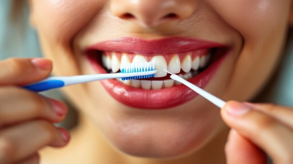 A person smiling, showing healthy gums and teeth, implying good oral hygiene.