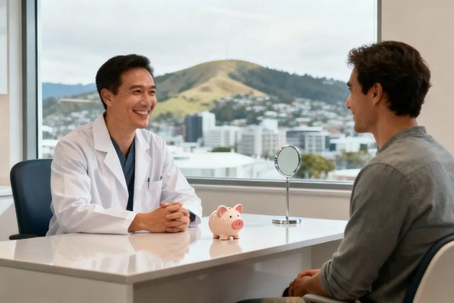 Friendly dentist consultation with a patient in a modern clinic with city and hill views, discussing dental health and solutions.