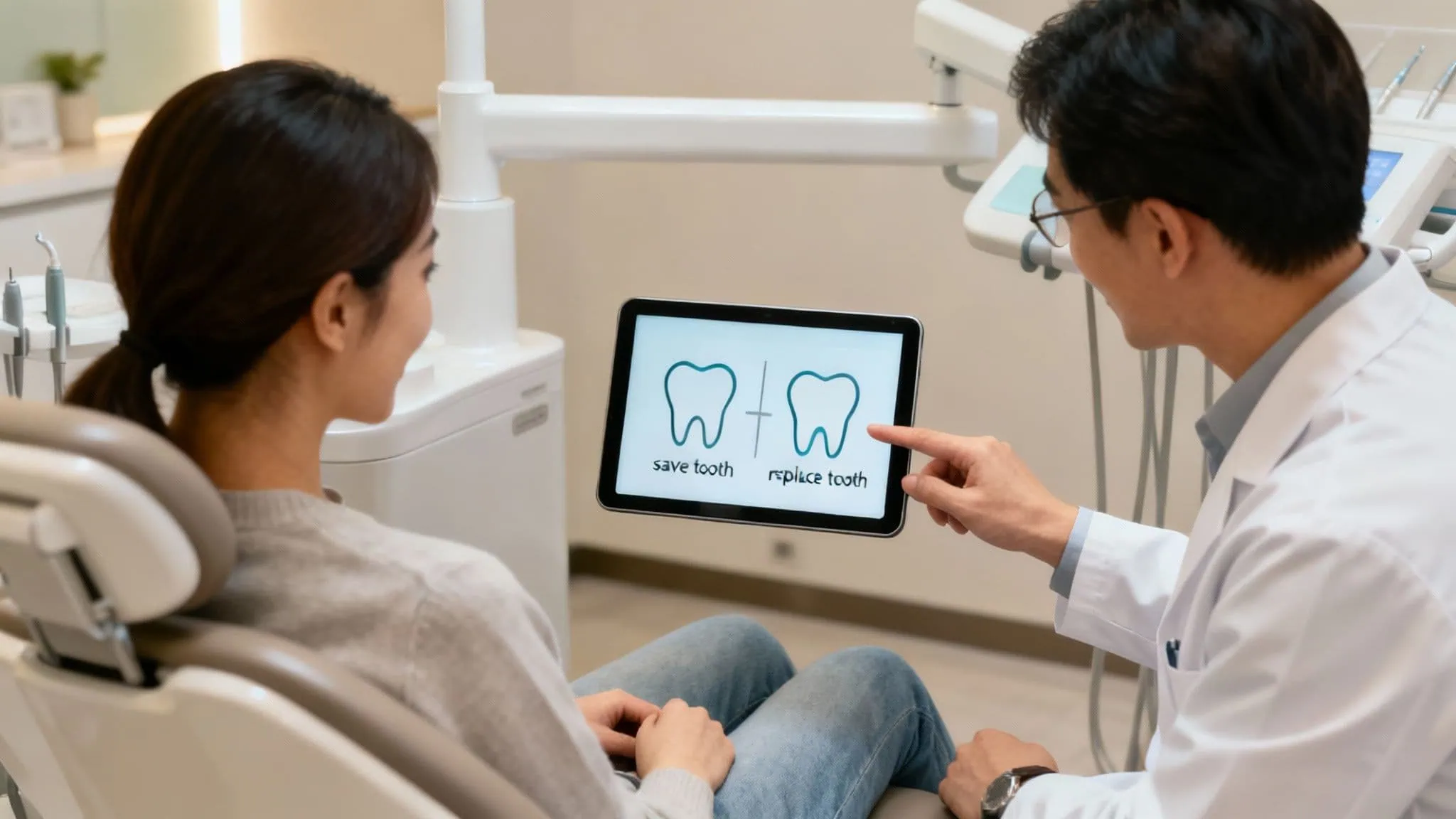 A dentist explaining treatment options to a relaxed patient.