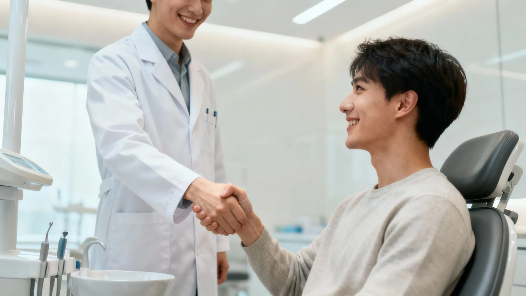 A friendly dentist at City Dentists in Wellington explaining a procedure to a relaxed patient.
