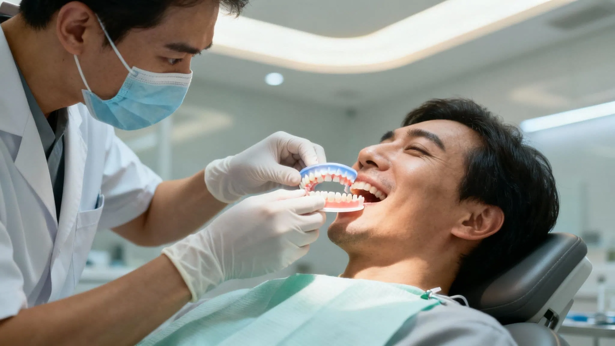 A dentist carefully examining a patient's teeth in a modern, clean dental clinic.