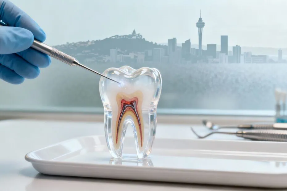 A detailed model of a human tooth with a dental drill and tools, emphasizing root canal treatment, in a modern dental clinic with Wellington skyline in the background.