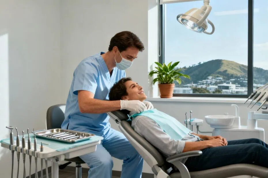 A smiling patient in a dental chair with a dentist in a treatment room at City Dentists, Wellington, showing a welcoming, professional dental care environment.