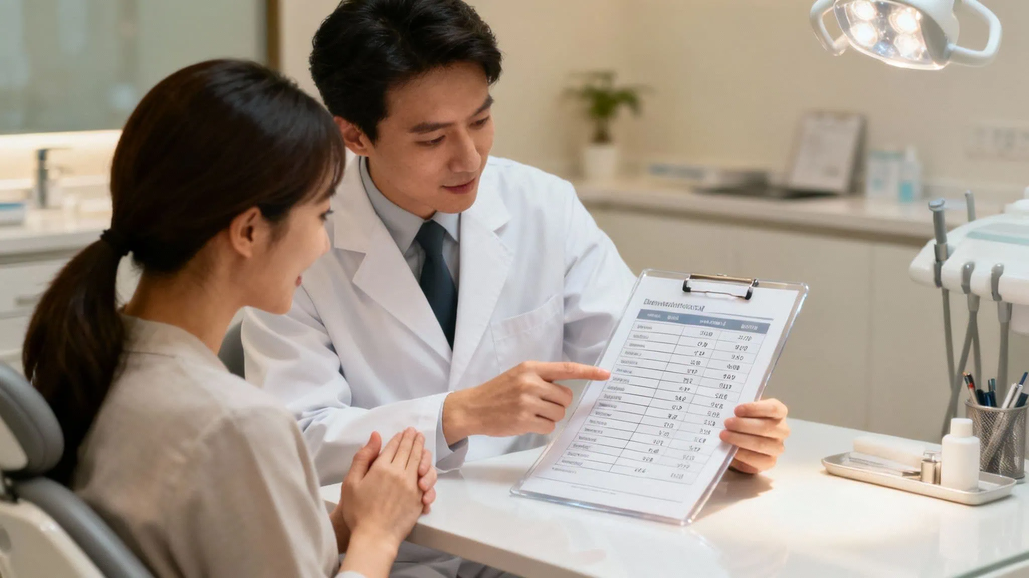 A caring dentist discusses a treatment plan with a female patient, both smiling.