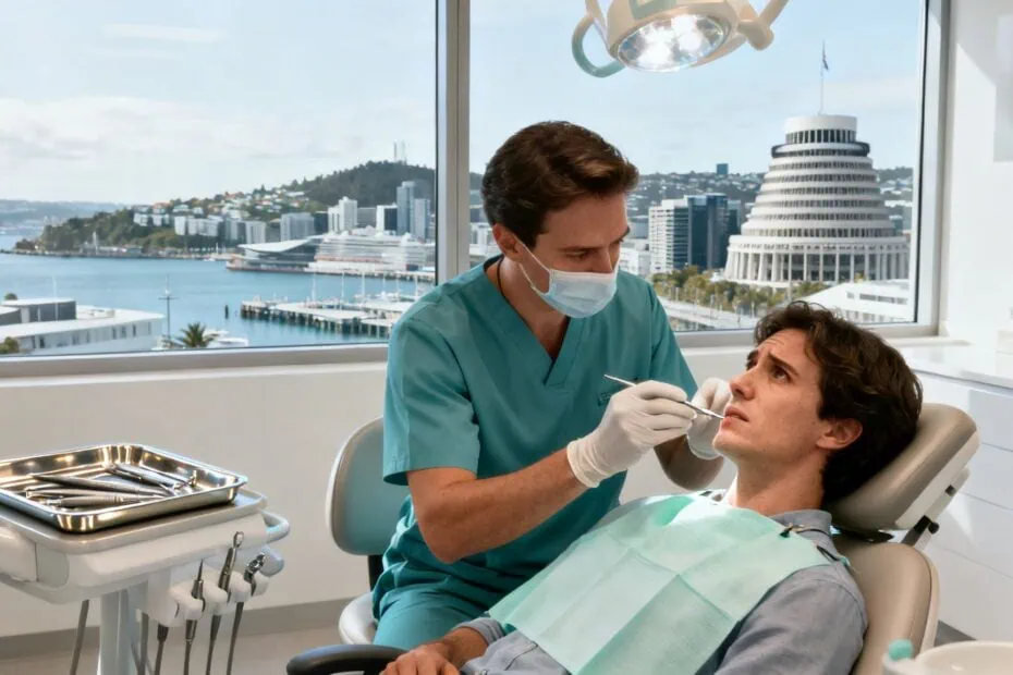 A dentist examines a young male patient in a modern dental office with a cityscape view. The dentist is wearing a mask and gloves, performing a routine dental check-up or cleaning.