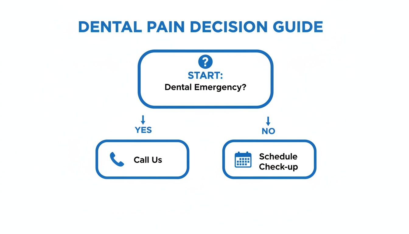 A simple flowchart for dental pain, guiding whether to call for an emergency or schedule a check-up.