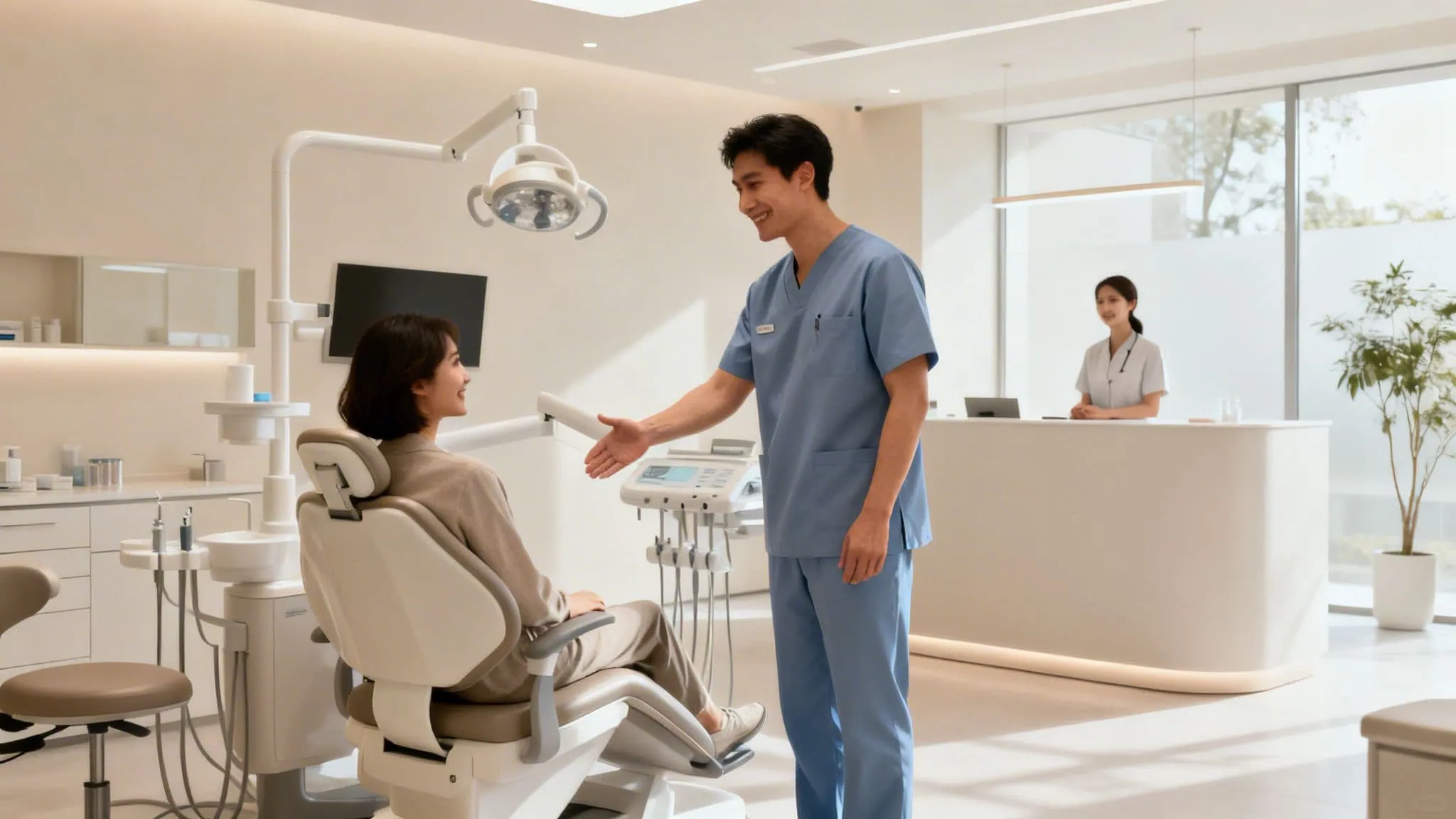 A friendly male dentist in scrubs greets a female patient in a bright dental clinic.