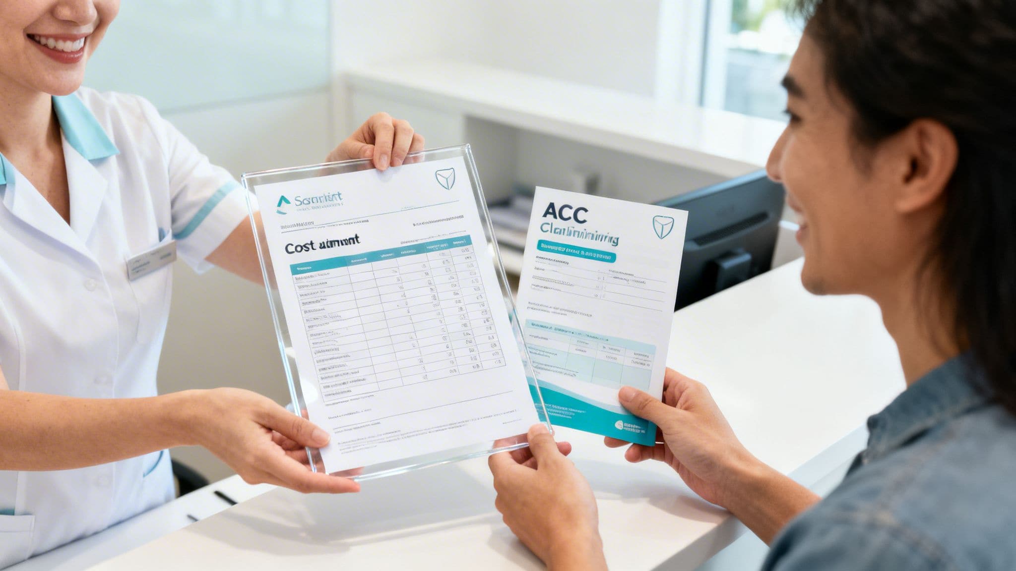 A smiling dental professional hands a cost summary to a male patient at a modern reception desk.