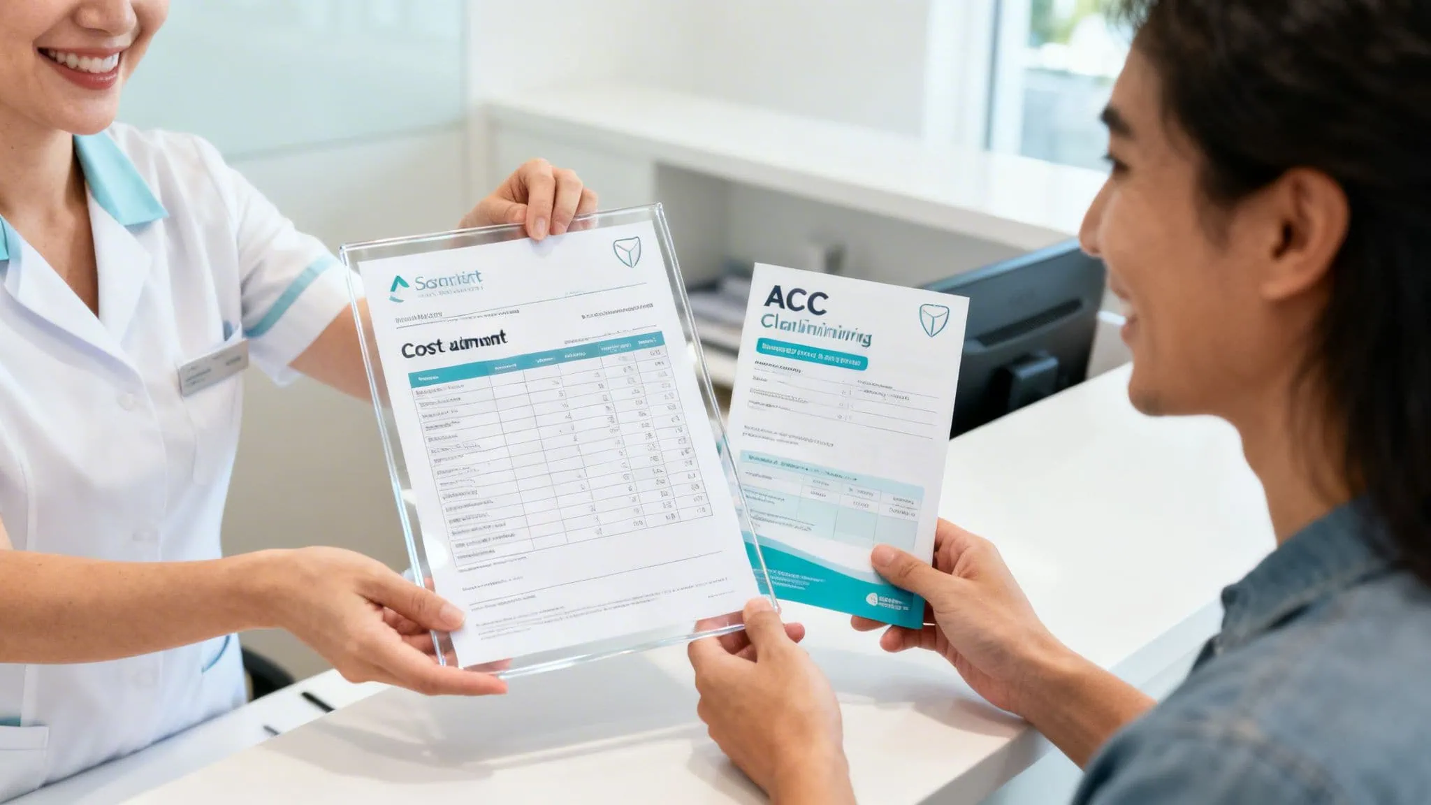 A smiling dental professional hands a cost summary to a male patient at a modern reception desk.